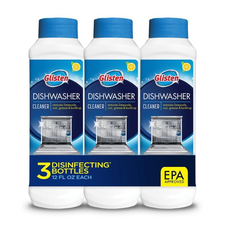 Glisten Dishwasher Cleaner, Removes Limescale, Rust, Buildup, and Grease, Lemon Scent, Made in the USA, 12 Ounce Bottle, 3-Pack - Image 1